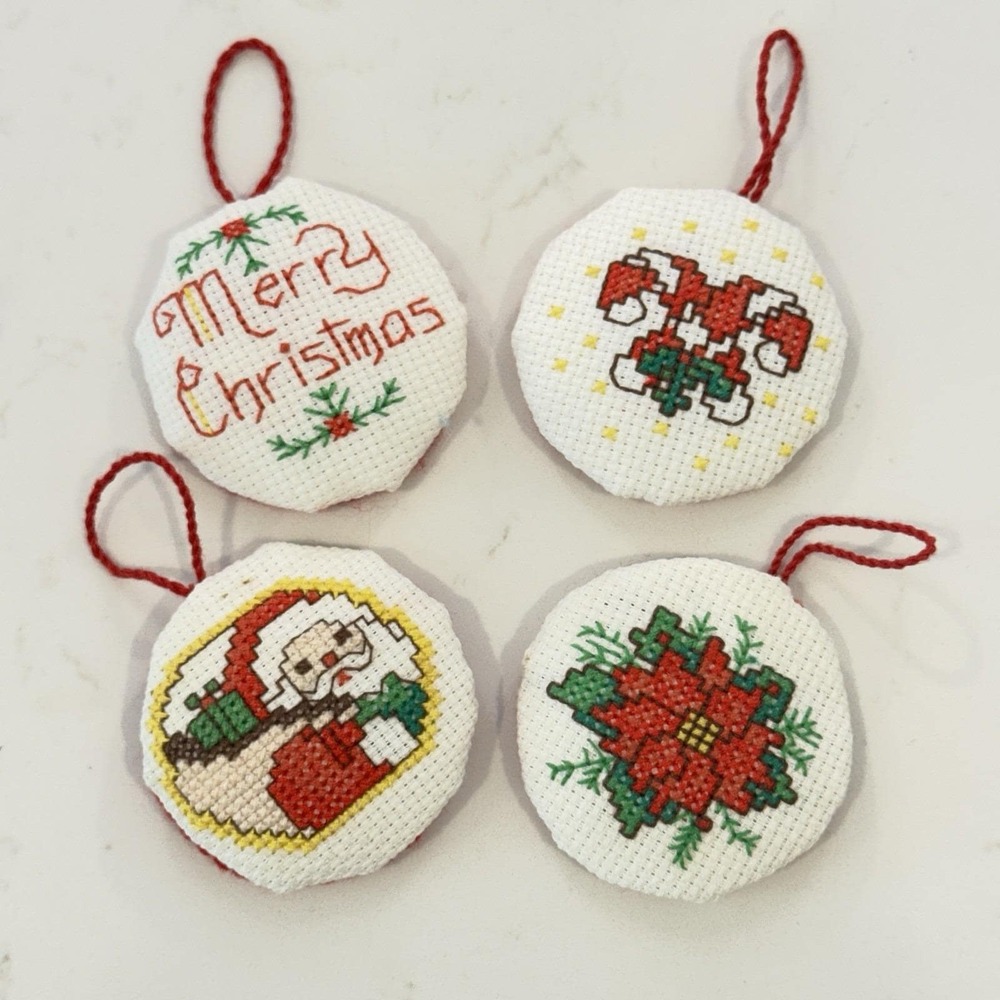 Vintage Cross Stitch Christmas Ornaments Cottage Core Puffy Round Lot Handmade
